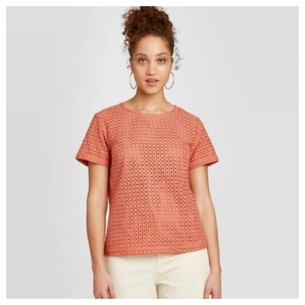A New Day Women's Coral Eyelet Short Sleeve Top